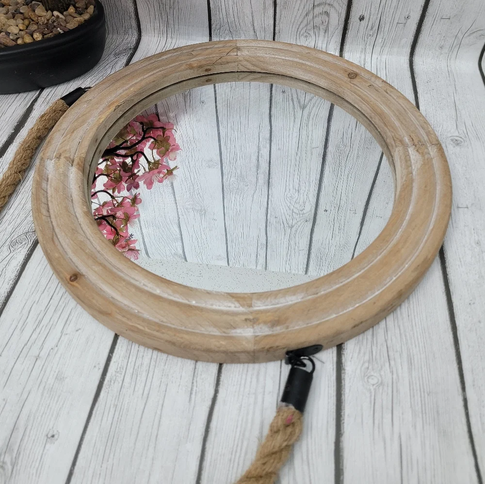Decorative Rustic Mirror with Solid Wood Frame & Rope Hanging